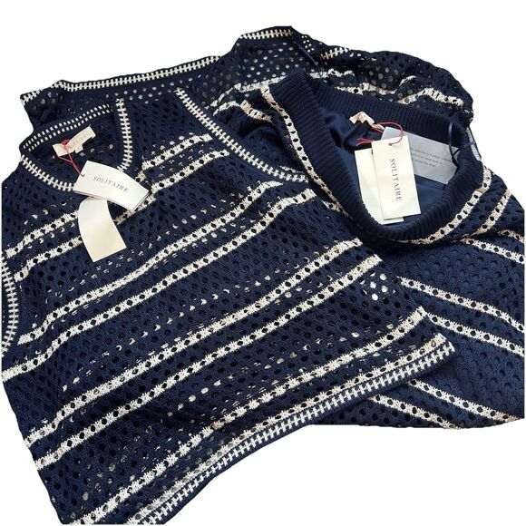 Solitaire Two Pc Open Knit Navy white stripe Crochet Skirt tank set boho NWT Med - Picture 1 of 8